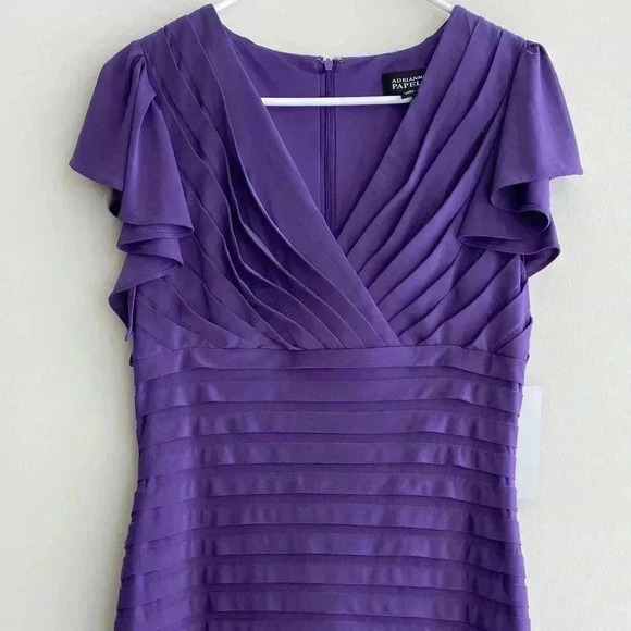 Adrianna Papell Purple Sheath Dress with Flutter Sleeves & Shutter Pleats - Picture 1 of 16